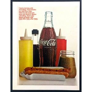 1966 Coca-Cola Bottle Hot Dog Condiments photo "With Everything" promo print ad